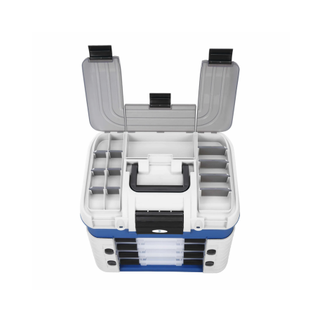 502 Blue,White and Grey Superbox, with 3 Lid Compartments, 1 Spinnerbait Box, and 4 x 194 Boxes with Movable Dividers